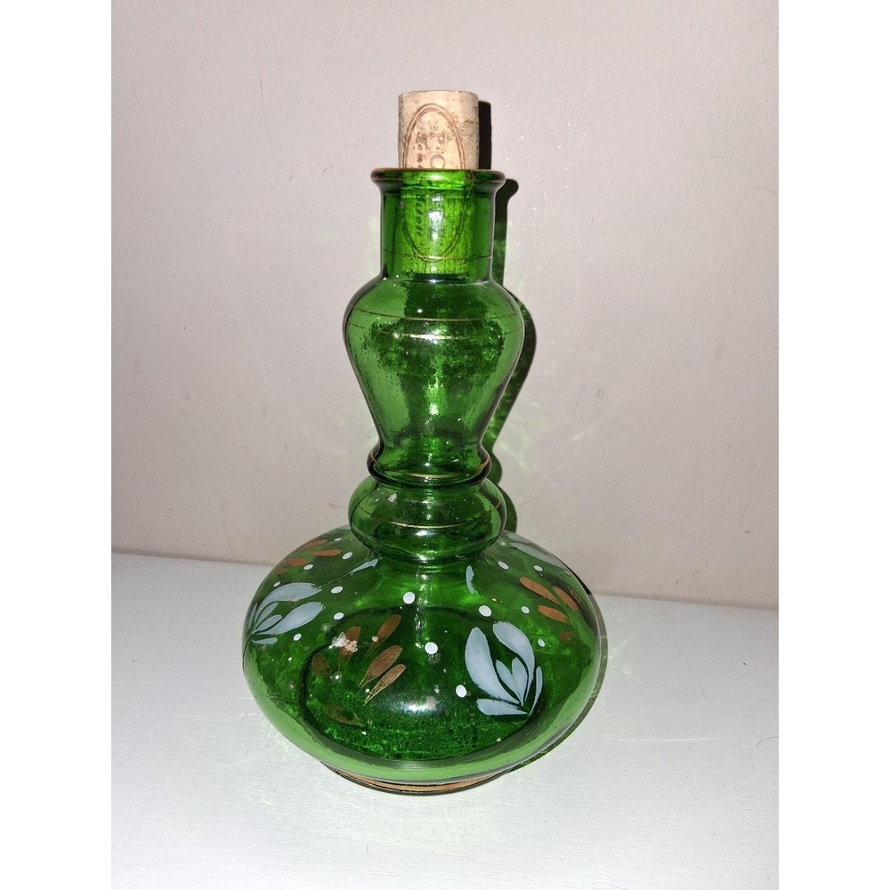 Vintage Made in Italy Green Glass Decanter Bottle Hand Painted Floral MCM‎